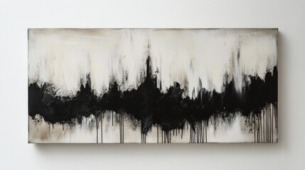 Abstract minimalist painting,  black and cream,  horizontal format,  dripping effect,  modern art piece