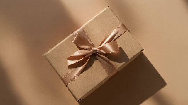 Minimal Beige Gift Box with Satin Ribbon on Soft Neutral Background for Elegant Packaging Design