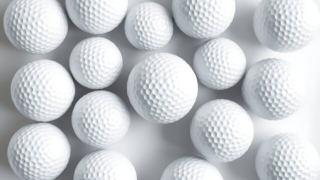 dimple. Multiple golf balls arranged in a pattern from above, isolated on a pure white background. event key visuals, club posters, designed for fitness apps and gym onboarding, supports training.