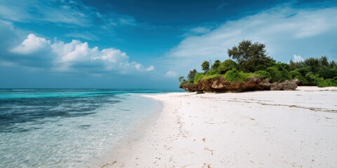 Stunning tropical beach with white sand and clear blue water under bright sky