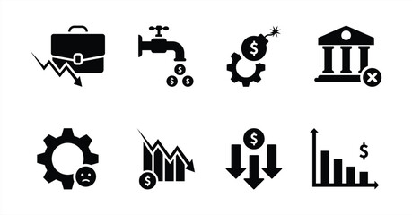 Business Financial Crisis and Bankruptcy Icon Set Illustrating Economic Loss and Failure