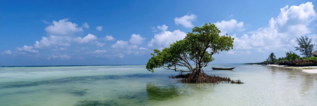 Solitary mangrove tree in shallow tropical sea under clear blue sky - Powered by Adobe