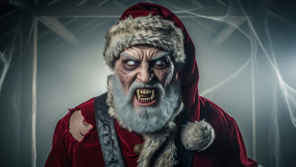 Obraz premium Scary evil zombie Santa Claus with sharp fangs and pale eyes. Spooky Christmas horror concept for Halloween, New Year. Creepy dark costume for spooky events.