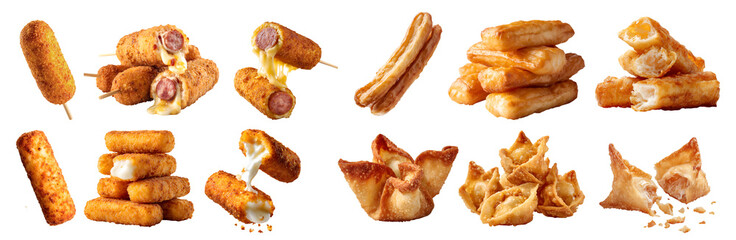 4 set pastry crispy fried baked, mozzarella cheese stick, corn dog, Youtiao Chinese fried dough crullers, wontons dumpling, Crab Rangoon puff, pile sliced broken, transparent cutout PNG.