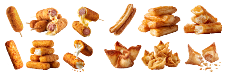 4 set pastry crispy fried baked, mozzarella cheese stick, corn dog, Youtiao Chinese fried dough crullers, wontons dumpling, Crab Rangoon puff, pile sliced broken, transparent cutout PNG.