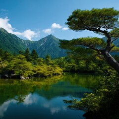 Mountain landscape with serene lake and lush greenery under blue sky