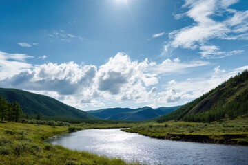 Scenic mountain river landscape under blue sky with fluffy clouds