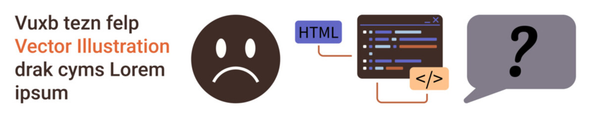Coding challenges, debugging issues, programming errors, developer frustrations, troubleshooting, web development. Sad emotion next to HTML code and question bubble. Coding challenges and debugging
