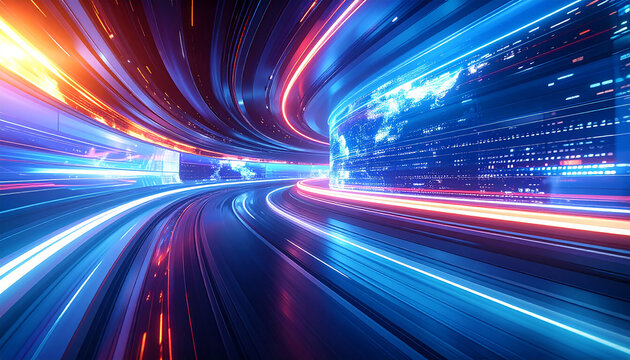 Digital Highway: a high-speed data stream representing the flow of information, networks and communication across the globe. Capturing the speed and complexity of the modern digital landscape. - Powered by Adobe