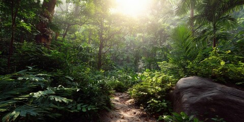 Sunlit path through lush tropical rainforest
