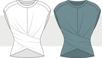 Women's Sleeveless Drop Shoulder T shirt Blouse With Twisted Front Detail Fashion Technical Drawing, Illustration. T Shirt Vector. CAD, Mockup.