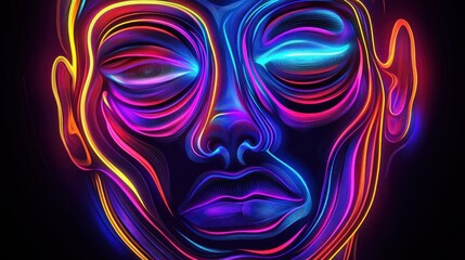 Abstract neon face portrait, vibrant colors, dark background, artistic expression