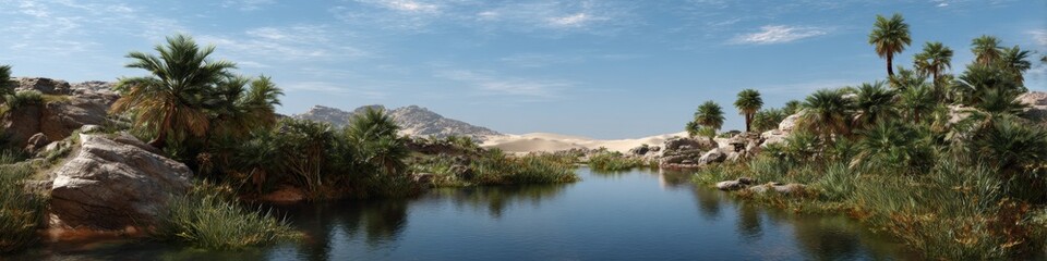 Obraz premium Serene desert oasis with palm trees and tranquil water under blue sky