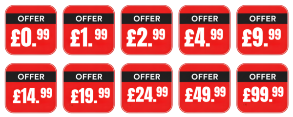 Discount price tags in pounds for sales promotions and offers transparent background 