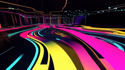 Abstract neon tunnel, vibrant colors, futuristic, glowing pathways