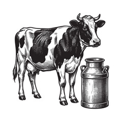 Dairy Cow Standing Next to Milk Can