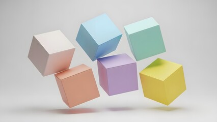 Six pastel-colored cubes floating in a clean, minimalist white space creating an abstract composition