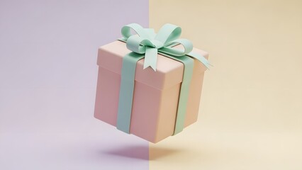 Obraz premium Pastel pink gift box with a mint green bow floating over a split-tone background of purple and yellow