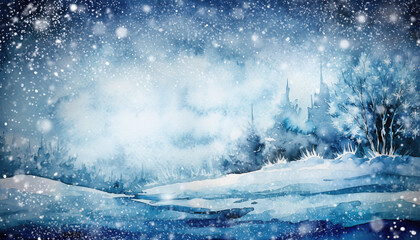 Snowy winter forest landscape with pine trees and falling snowflakes under a cold December sky creates a festive nature background for a Christmas or New Year holiday celebration card vector illustrat