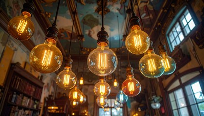 Retro light bulbs hanging from the ceiling of an antique building　アンティークな建物の天井から下がるレトロな電球の照明