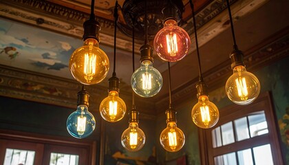 Retro light bulbs hanging from the ceiling of an antique building　アンティークな建物の天井から下がるレトロな電球の照明