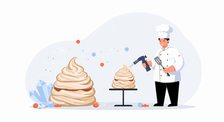 Professional pastry chef browning a decorative meringue dessert with a kitchen torch, showcasing culinary artistry