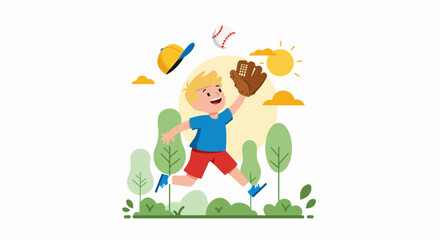 Happy little boy jumping to catch a baseball with a glove in the park, enjoying outdoor sports activity on a bright sunny day.