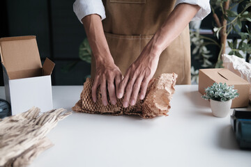 startup entrepreneur packs online order in recyclable cardboard box for eco-conscious customer