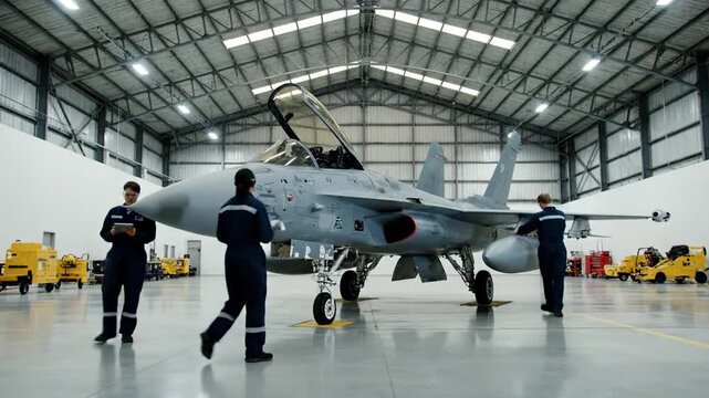 Aerospace engineers in uniform conducting pre-flight maintenance on a modern fighter jet inside a brightly lit aircraft hangar