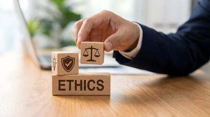 Businessman building ethics concept with wooden blocks on office desk