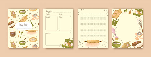 Templates for a cozy recipe book. The blank pages for your recipes. Cookbook. Vector.