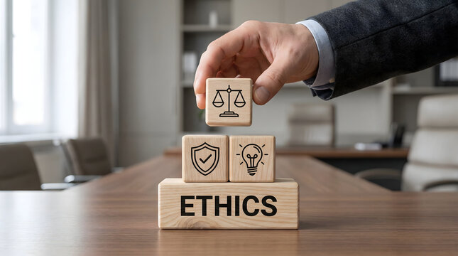 Businessman building ethics concept with wooden blocks in office