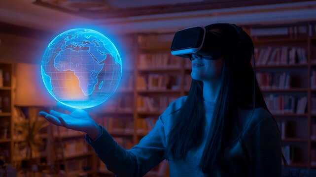Woman wearing virtual reality headset interacting with glowing blue holographic Earth globe inside a dim library interior