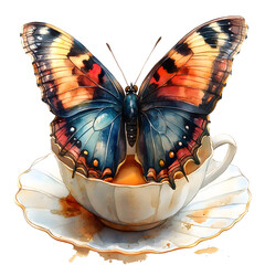  Watercolor painting of a vibrant butterfly perched on an elegant teacup and saucer