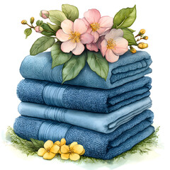  Stack of folded blue towels adorned with fresh pink blossoms and green leaves on a white background