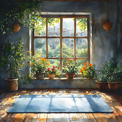  Sunny room with yoga mat and lush potted plants by rustic window overlooking urban landscape