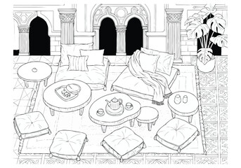 Elegant Oriental Lounge Area Sketch with Floor Seating and Decorative Elements layout architecture interior design icons exclusive