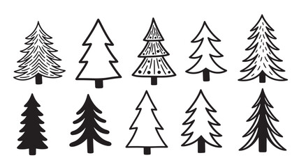 Fototapeta premium Christmas Trees Hand Drawn Collection Black and White Outline Silhouette Isolated on White Background