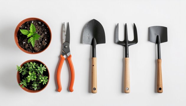 Flat Lay Set of Garden Tools Isolated on White Background