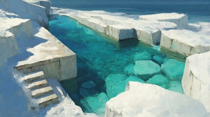 Azure pool carved into white stone cliffs by the sea