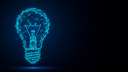 A vibrant, abstract light bulb formed by a futuristic network of glowing blue lines and interconnected dots on a dark background. This digital illustration represents innovation, new ideas