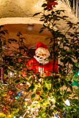 A sculpture of Santa Claus celebrating Christmas, view through the leaves of plants.
