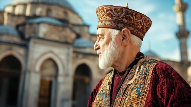 Man wearing traditional clothing stands in front of historic mosque in a city known for its rich culture and heritage