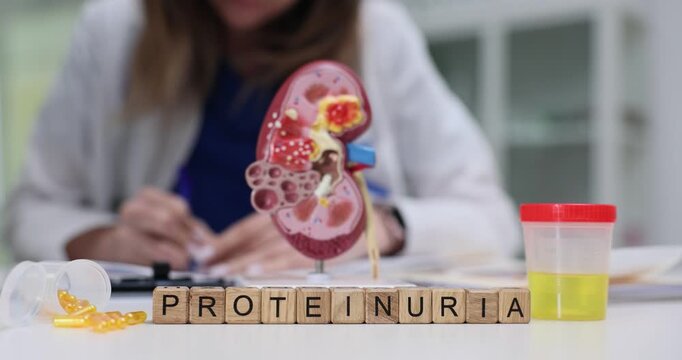 Wooden blocks spell word Proteinuria near kidney model and urine sample on table. Woman doctor writes nephrology notes tracking kidney filter damage