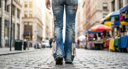 Woman wearing blue jeans with fringes walking down a city street