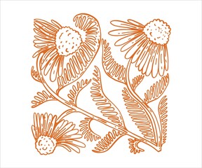 Whimsical hand drawn chamomile bush with flowers. Wild nature, forest.