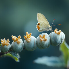  White Butterfly Gently Perched on a Row of Green Plant Buds in a Serene Outdoor Scene