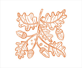 Whimsical hand drawn oak branch with leaves and acorns. Wild nature, forest.