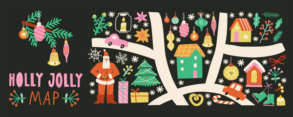 Christmas new year funky clipart map. Holiday gifts, houses, christmas tree, decorations, cars and roads. Holiday seasonal vector illustrations in retro groovy style