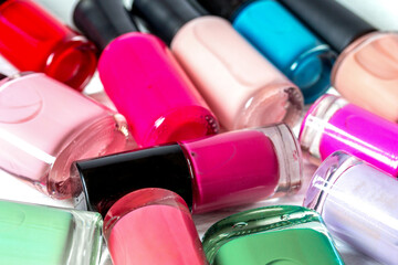 group of nail polish on wooden background